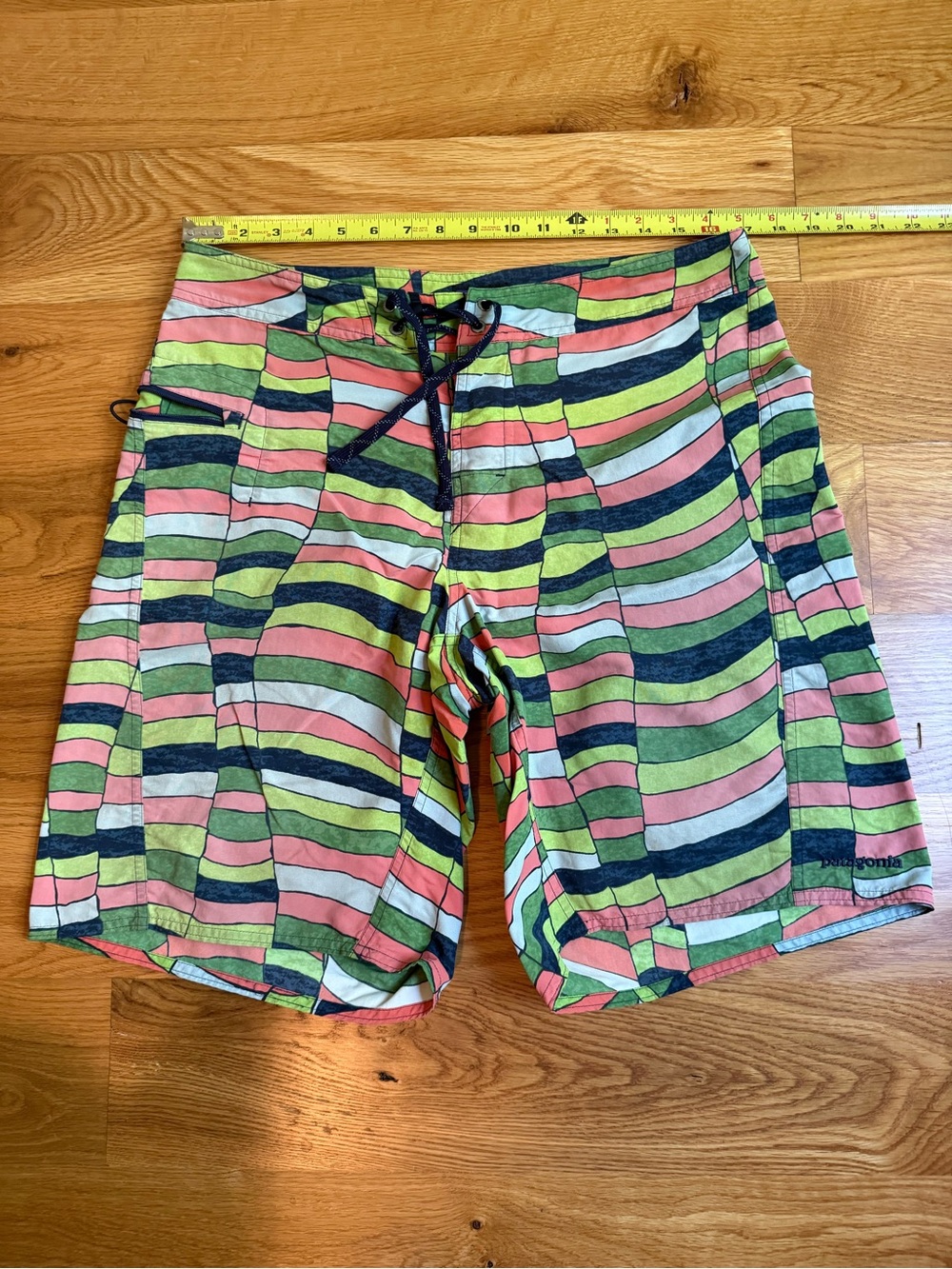 Patagonia Multicolor Striped Swim Board Shorts — Green, Pink, Navy